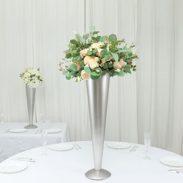 Brushed Silver Metal Trumpet Flower Vase Wedding Centerpiece 24" Tall