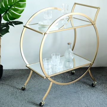 Gold Metal 2-Tier Bar Cart Mirror Serving Tray Kitchen Trolley, Round Teacart Island Cart for Events - 2.5ft Tall