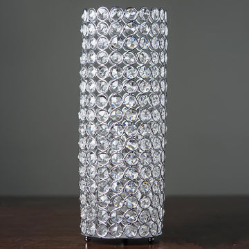 Add Elegance to Your Event with the Metallic Silver Full Crystal Beaded Pillar Candle Holder Stand