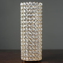 Tall 16 Inch Shiny Metal Full Crystal Beaded Pillar Candle Holder Stand In Gold 