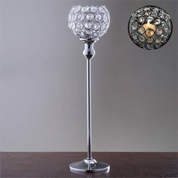 Silver Crystal Votive Pillar Candle Holder, Metal Tealight Round Candle Stand 16" Tall