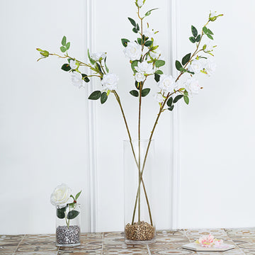 2 Stems White Artificial Silk Rose Flower Bouquet Bushes 38" Tall