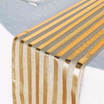 Enhance Your Table Decor with the Taupe / Gold Foil Stripes Rustic Faux Jute Linen Table Runner