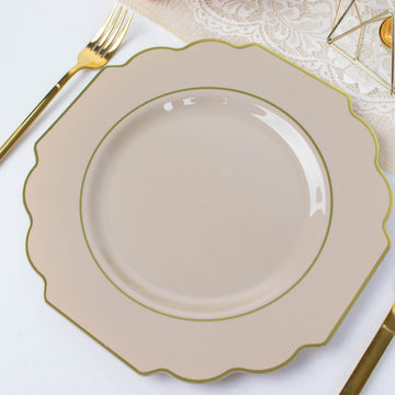 10 Pack Taupe Hard Plastic Baroque Dinner Plates with Gold Rim, Heavy Duty Disposable Dinnerware 11"