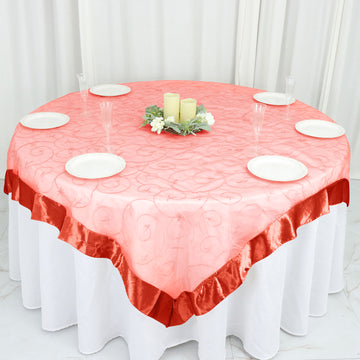 Terracotta Embroidered Sheer Organza Square Table Overlay With Satin Edge 72"x72"