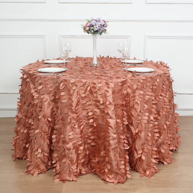 Terracotta (Rust) 3D Leaf Petal Taffeta Fabric Seamless Round Tablecloth - 120inch