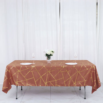 Terracotta (Rust) Seamless Rectangle Polyester Tablecloth With Gold Foil Geometric Pattern - 60"x102"
