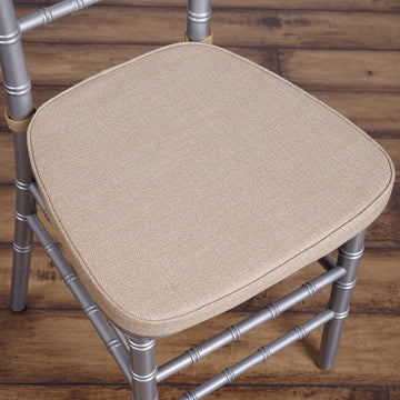 Natural Burlap Chiavari Chair Pad, Soft Cushion With Ties and Removable Cover 2" Thick