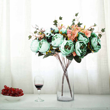 Elegant Bush Turquoise Artificial Silk Peony, Rose & Hydrangea Flower Bouquet