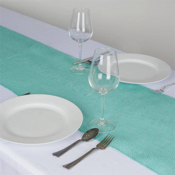 Turquoise Rustic Burlap Table Runner for Boho Chic Tabletop Decor