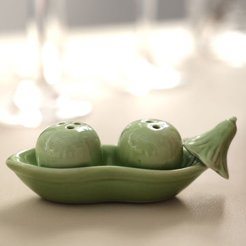 Two Peas In A Pod Green Ceramic Salt and Pepper Shaker Party Favors Set, Pre-Packed Wedding Shower Favors In Ivy Print Gift Box 4"