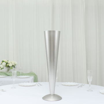 Elegant Brushed Silver Metal Trumpet Flower Vase