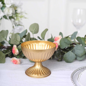 Elegant Gold Metal Ribbed Bowl Flower Table Pedestal Vase