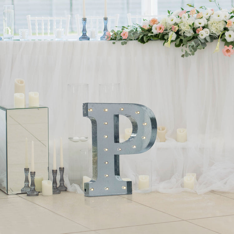 Vintage Galvanized Metal Marquee "P" Letter Light Cordless With 16 Warm White LED 20"