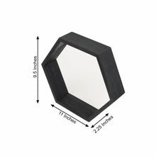 A picture of a black wooden hexagon shelf with measurements on it