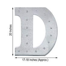 A galvanized metal letter d with measurements of 20 inches and 17-18 inches for indoor lighting