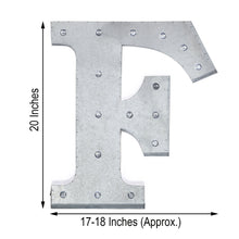Galvanized Metal Silver Letter F Indoor Lighting with measurements of 20 inches and 17-18 inches