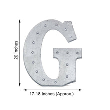 A silver galvanized metal letter G with measurements of 20 inches and 17-18 inches, featuring LED lights for indoor lighting