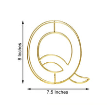 Gold Metal Wire Letter Q with measurements of 8 inches and 7.5 inches, suitable for letters & table numbers