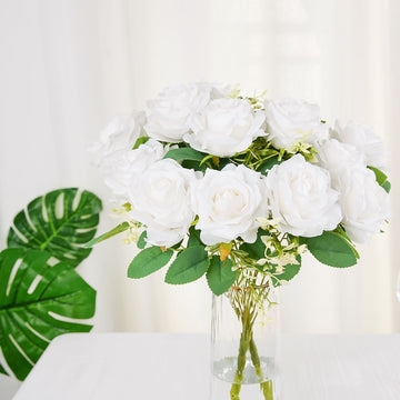 2 Bushes White Artificial Silk Rose Flower Arrangements, Real Touch Long Stem Flower Bouquet 18"