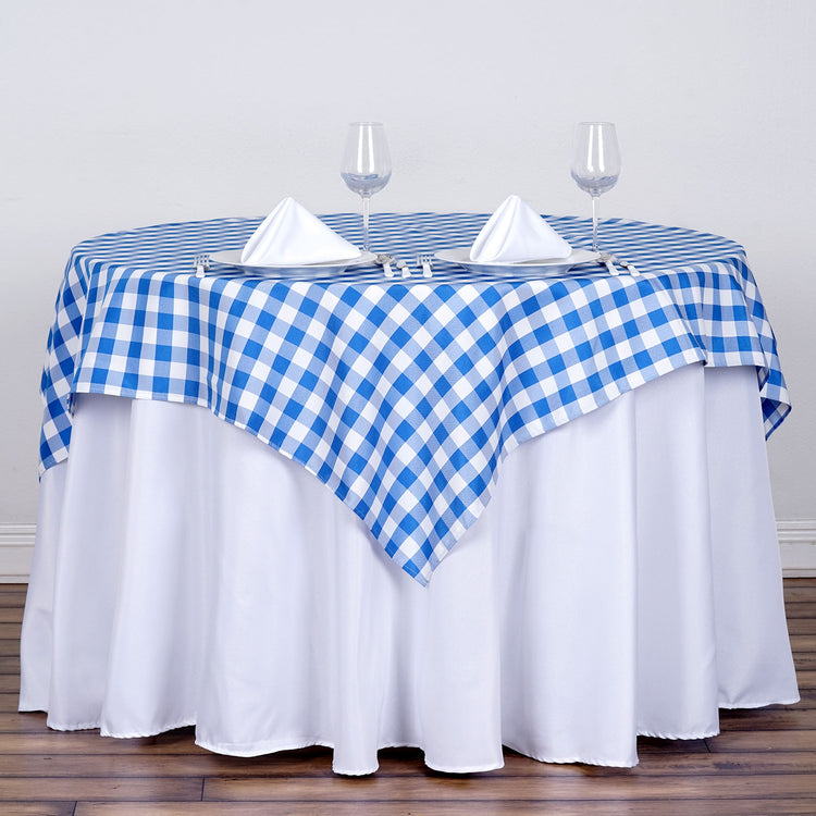 Square Polyester Table Overlay In White/Blue Buffalo Plaid 54 Inch
