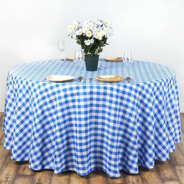 White/Blue Seamless Buffalo Plaid Round Tablecloth, Checkered Gingham Polyester Tablecloth 120"
