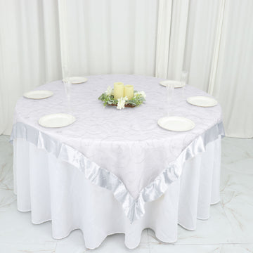 White Embroidered Sheer Organza Square Table Overlay With Satin Edge 60"x60"