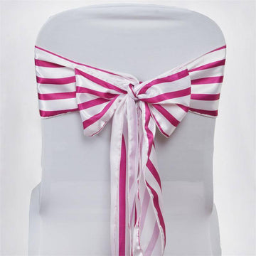 Elegant White and Fuchsia Satin Stripes Chair Sashes