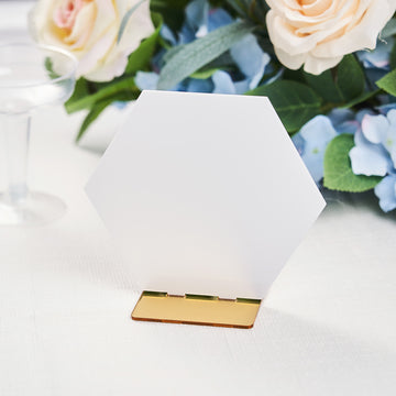5 Pack White / Gold Acrylic Hexagon Wedding Table Sign Holders, Number Stands 5"