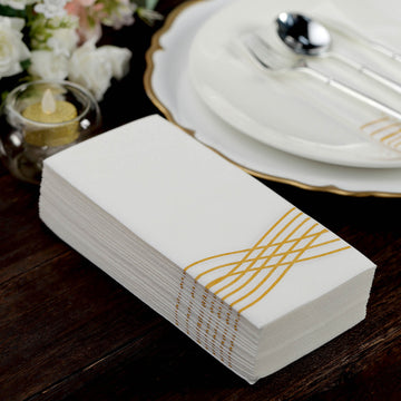 20 Pack White Gold Airlaid Soft Linen-Feel Paper Dinner Napkins, Disposable Hand Towels Gold Foil Wave Design - 8"x4"