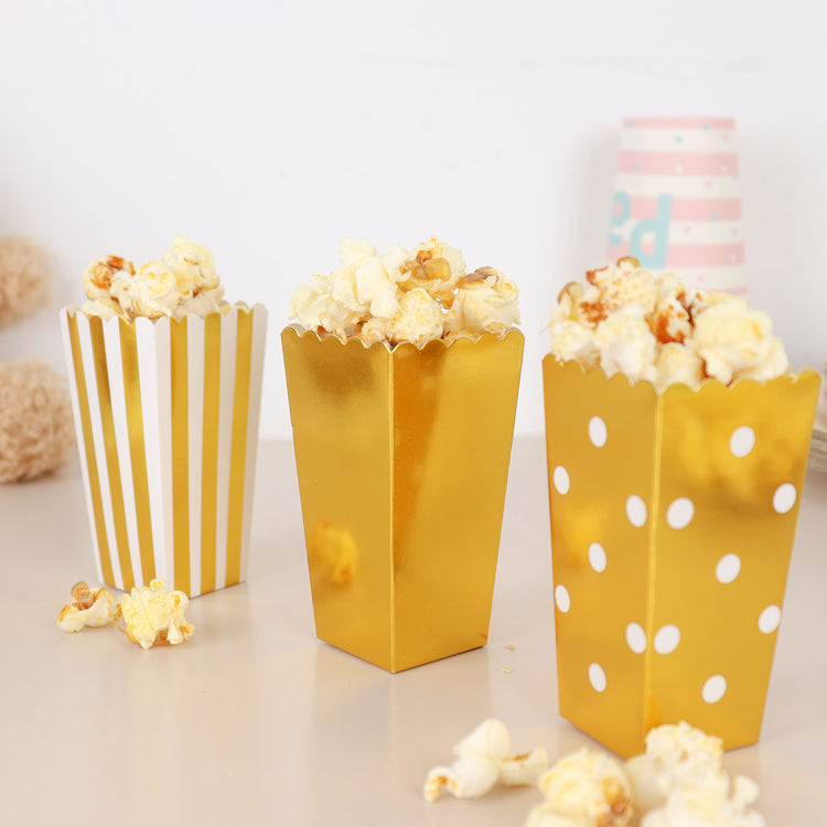 36 Pack of 4 Inch Stripe Polka Dot & Solid Design White & Gold Paper Popcorn Favor Boxes  