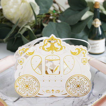 25 Pack White/Gold Cinderella Carriage Party Favor Candy Gift Boxes