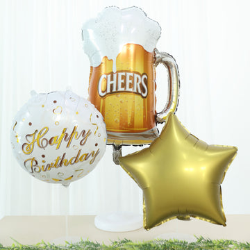 Set of 5 White/Gold Round Happy Birthday Mylar Foil Helium Balloon Set, Cheers Beer Mug, Star Balloon Bouquet With Ribbon Birthday Party Decorations