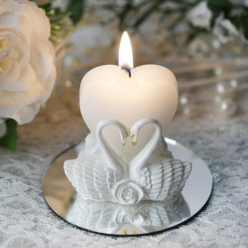 White Heart Candle and Swan Candle Holder Set Party Favors and Clear Favor Gift Box with Organza Ribbon Tie 3"