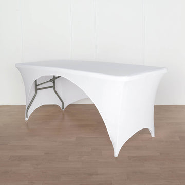 White Open Back Stretch Spandex Table Cover, Rectangular Fitted Tablecloth 6ft