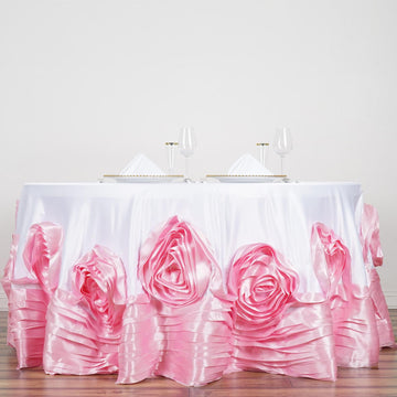 White / Pink Seamless Large Rosette Round Lamour Satin Tablecloth 132"