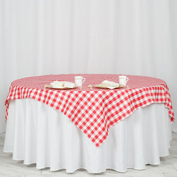 White/Red Seamless Buffalo Plaid Square Table Overlay, Gingham Polyester Checkered Overlay 70"x70"