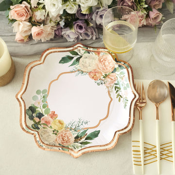 White Rose Gold Floral Scallop Rim Dinner Paper Plates - Add Elegance to Your Table