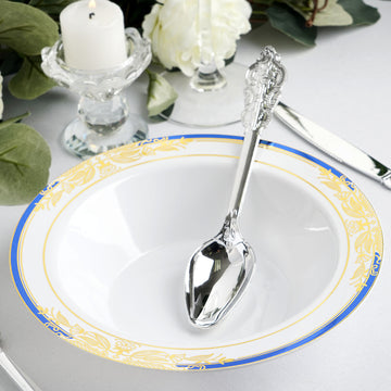 Elegant and Stylish White Round Disposable Plastic Soup Bowl with Gold Vine and Royal Blue Rim