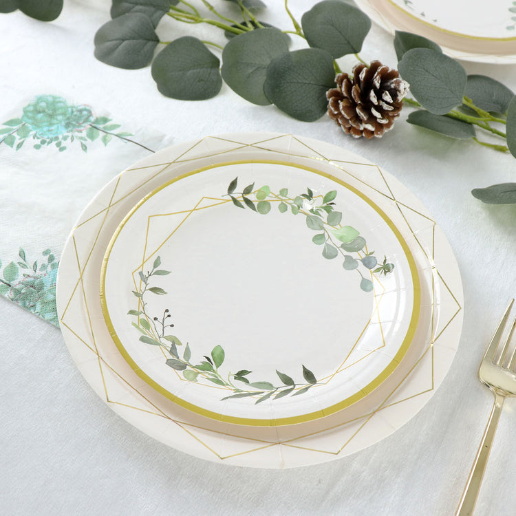 White Round Dessert Plates With Geometric Eucalyptus Design And Gold Rim 7 Inch