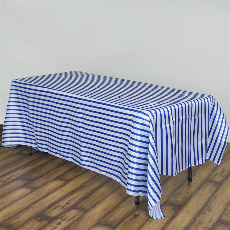90 inch x156 inch White/Royal Blue Stripe Satin Tablecloth#whtbkgd