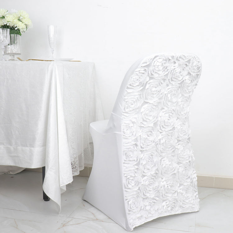 White Rosette Satin Spandex Fitted Stretch Folding Chair Cover