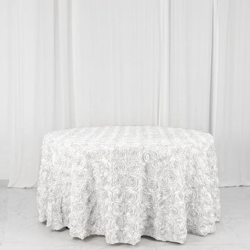 Elegant White Seamless Grandiose 3D Rosette Satin Round Tablecloth 120
