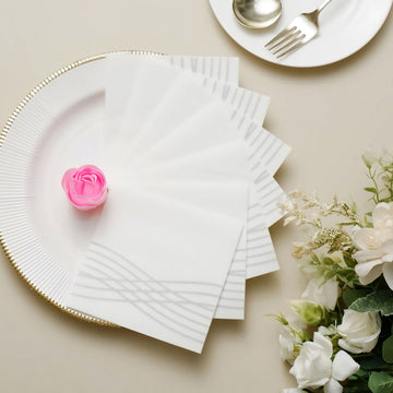 20 Pack White Silver Airlaid Linen-Feel Paper Cocktail Napkins, Premium Disposable Beverage Napkins With Silver Foil Wave Design - 5"x5"
