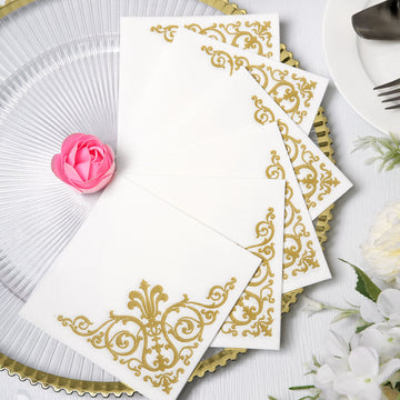 20 Pack White Soft Linen-Like Airlaid Paper Cocktail Napkins With Gold Fleur Vintage Design - 5"x5"