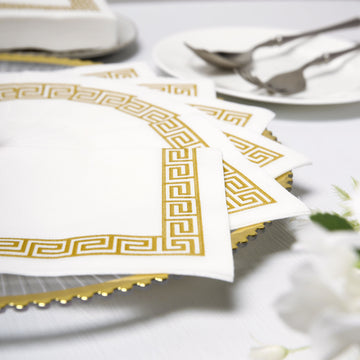 20 Pack White Soft Linen-Like Airlaid Paper Cocktail Napkins With Gold Greek Key Design - 5"x5"