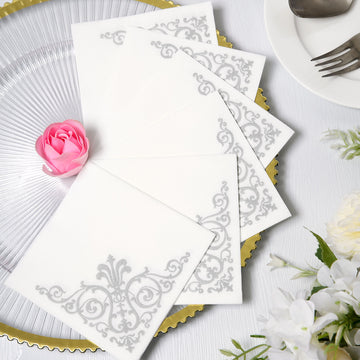 20 Pack White Soft Linen-Like Airlaid Paper Cocktail Napkins With Silver Fleur Vintage Design - 5"x5"