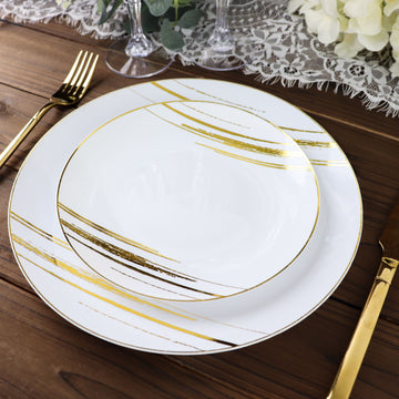 10 Pack White and Gold Brush Stroked Round Plastic Dessert Plates, Disposable Appetizer Salad Party Plates 7"