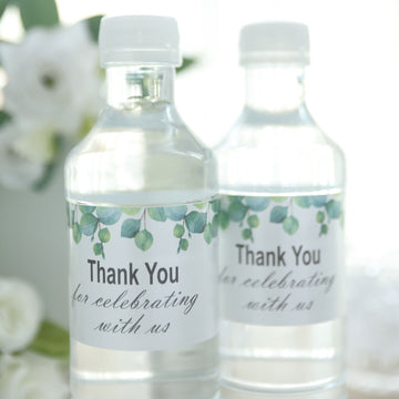 24 Pack White and Green Leaves Thank You Party Water Bottle Labels, Waterproof Label Stickers