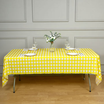 White Yellow Buffalo Plaid Waterproof Plastic Tablecloth, PVC Rectangle Disposable Checkered Table Cover 54"x108"